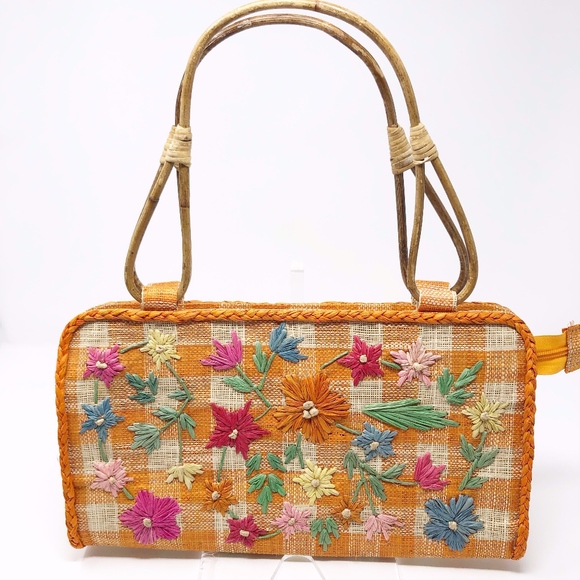 Franchi Handbags - Franchi Orange/Natural Checked Handbag NWOT